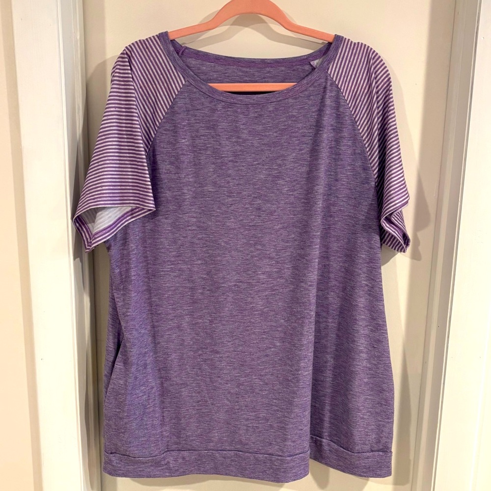 Lavender and stripe shirt sleeve shirt 2XL